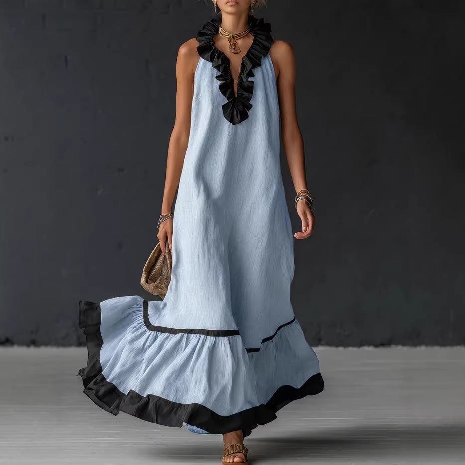 Sleeveless Ruffle Trim Tiered Linen Maxi Dress 3