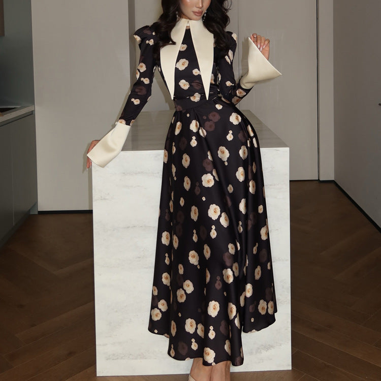Autumn Printed Dress Women Satin Collared Long Sleeve High Waist Maxi Dress