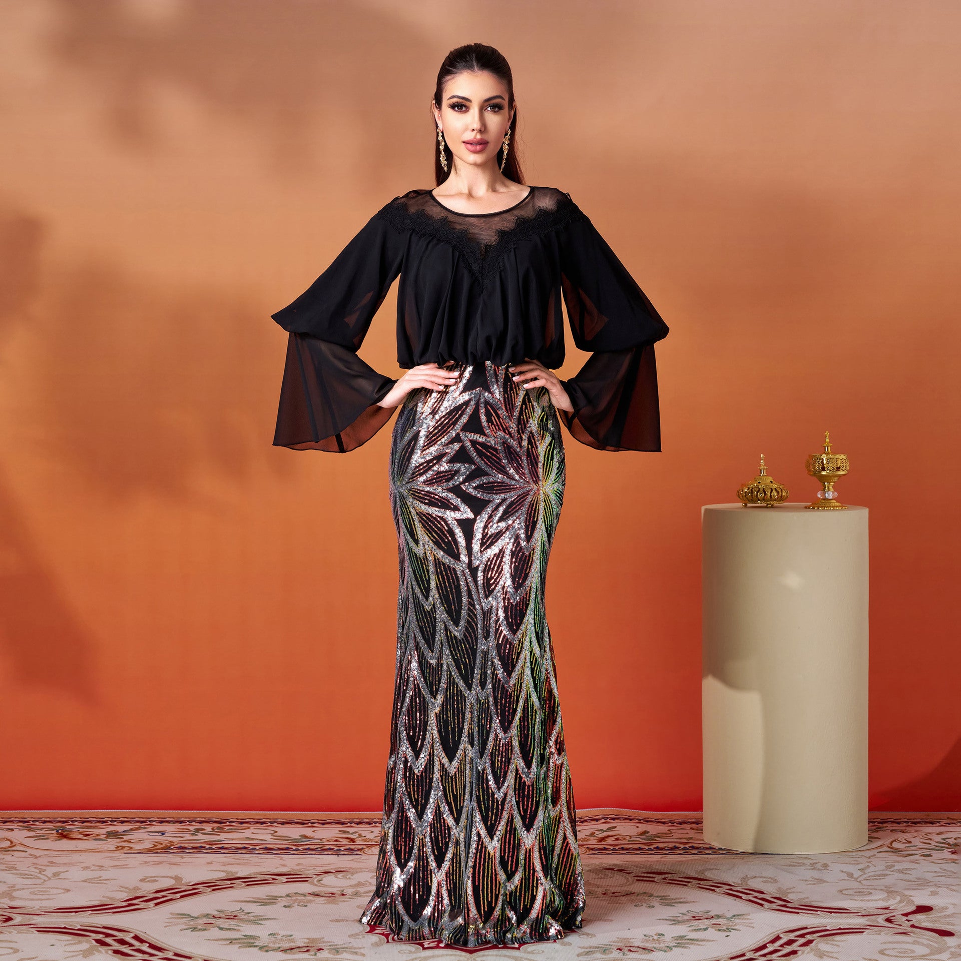 Women Clothing Long Sleeved round Neck Slim Fit Sheath Sequined Cocktail Fishtail Evening Dress