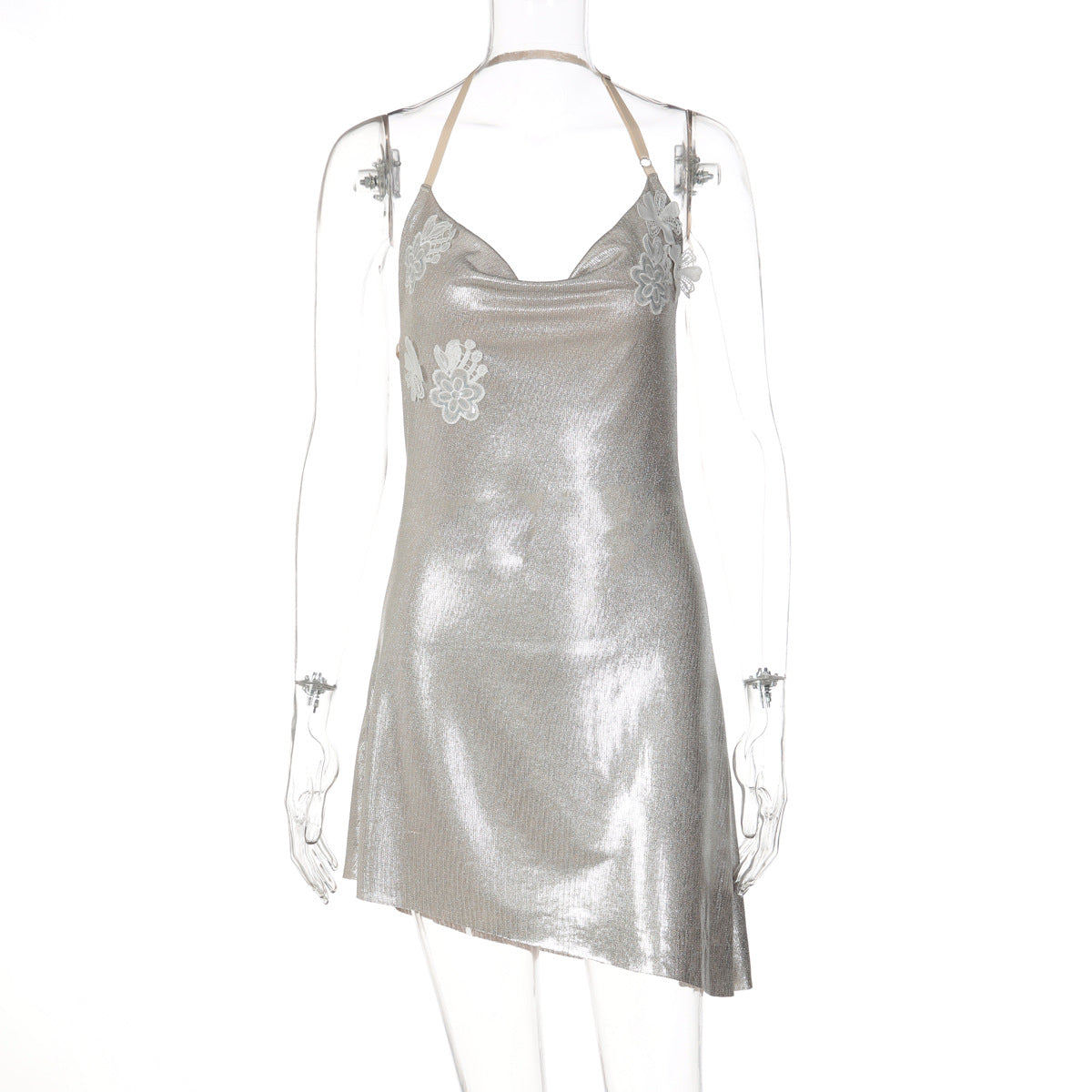 Metallic Mesh Halter Cowl Neck Floral Applique Backless Mini Dress 6