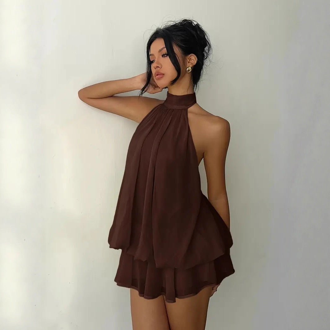 Sheer Chiffon Halter Neck Backless Layered Ruffle Mini Dress 6