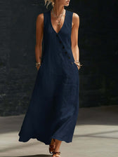 V-Neck Sleeveless Button Front Linen Maxi Dress 8