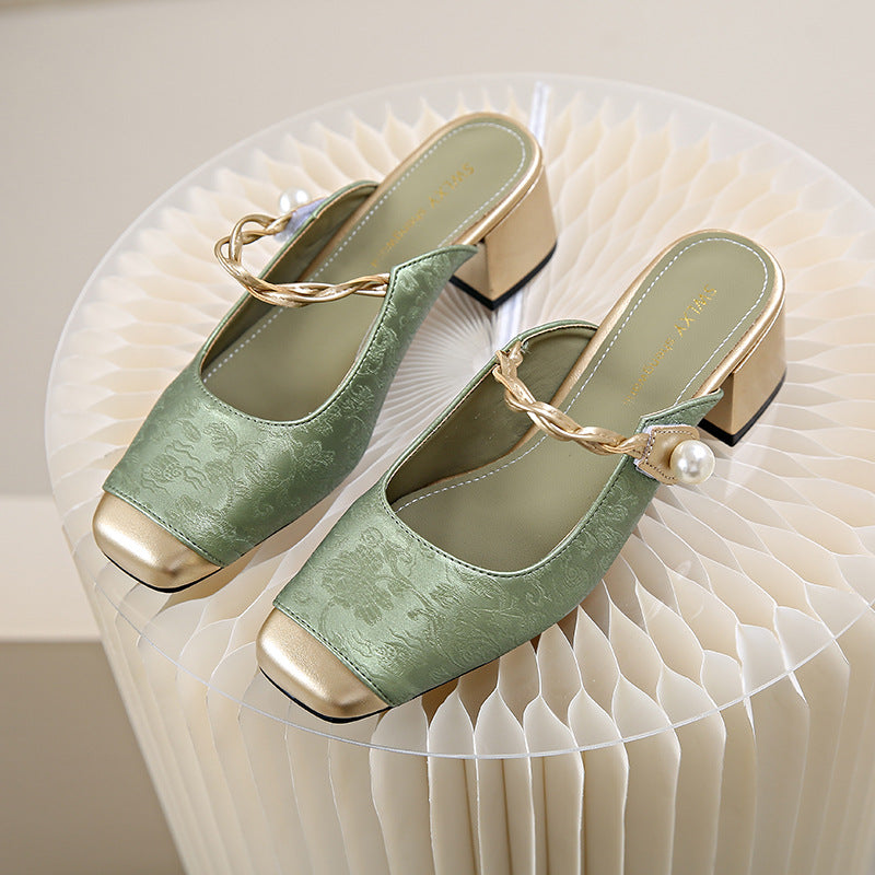 Square Toe Pearl Strap Block Heel Mules