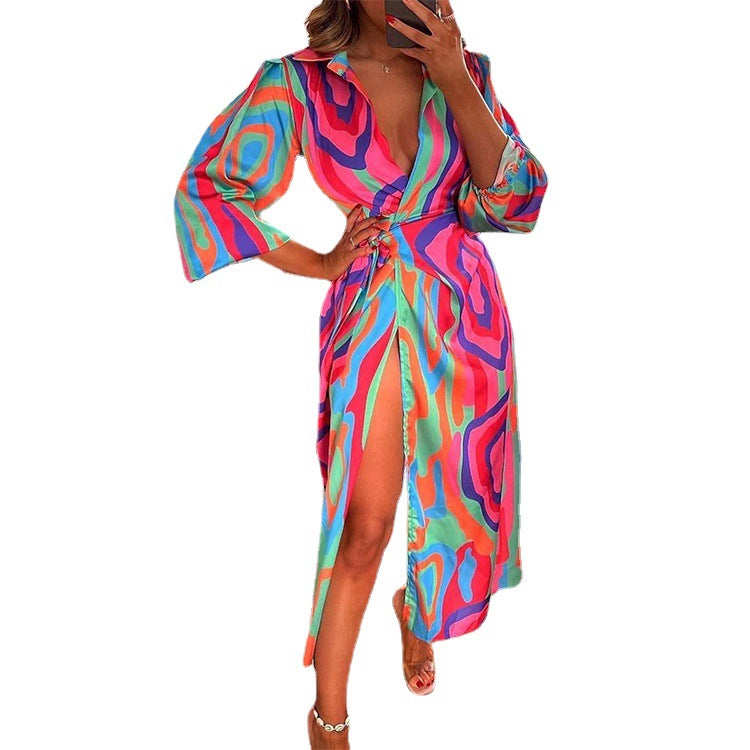 Abstract Print Collared Button Front Tie Waist High Split Maxi Shirt Dress 4