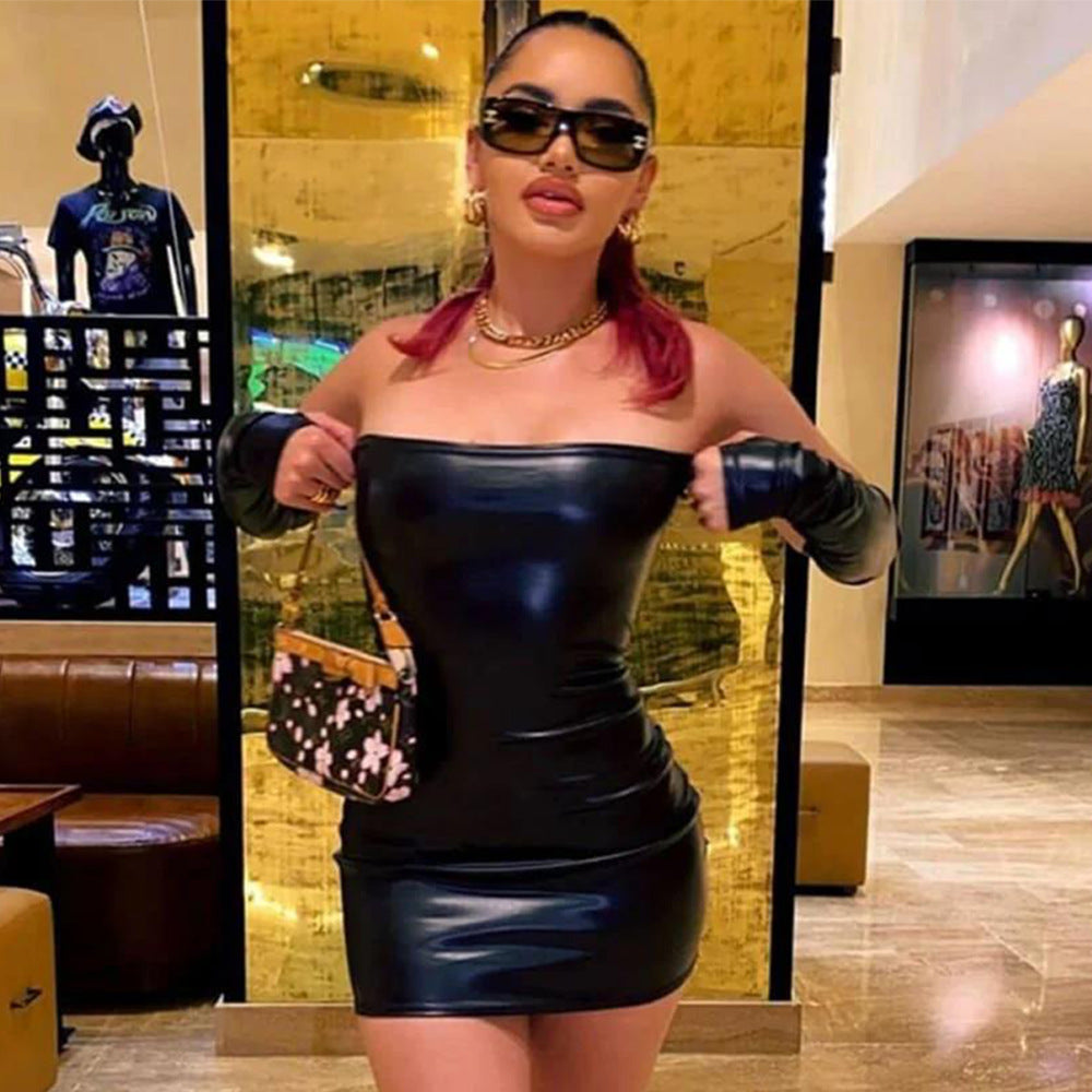 Faux Leather Strapless Detached Sleeve Bodycon Mini Dress 2