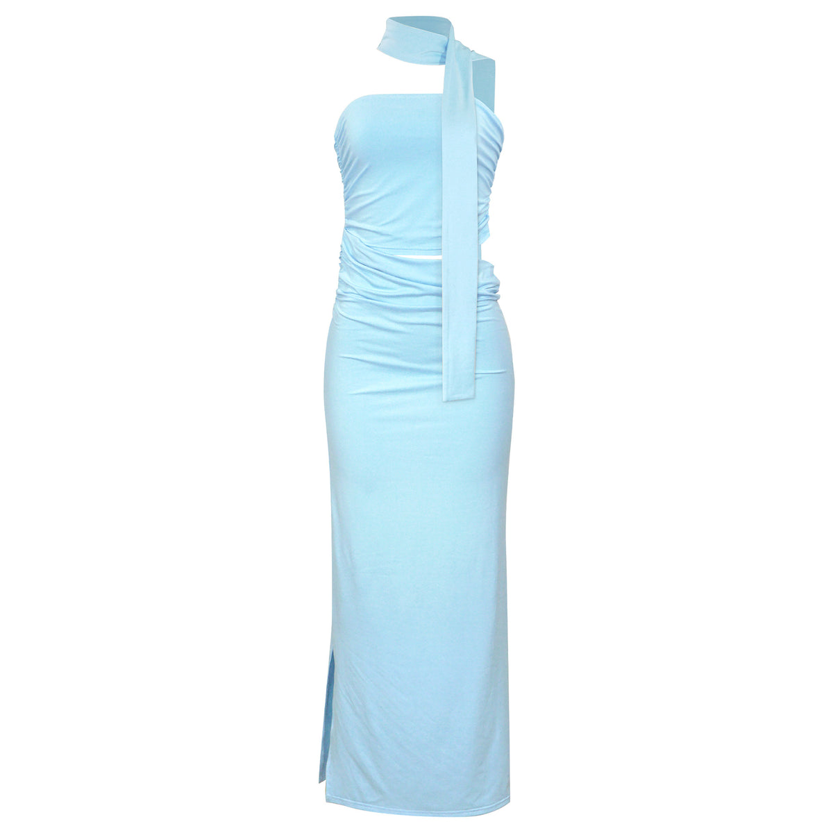 Strapless Bandeau Top and Ruched Maxi Skirt Two Piece Set with Neck Scarf 2
