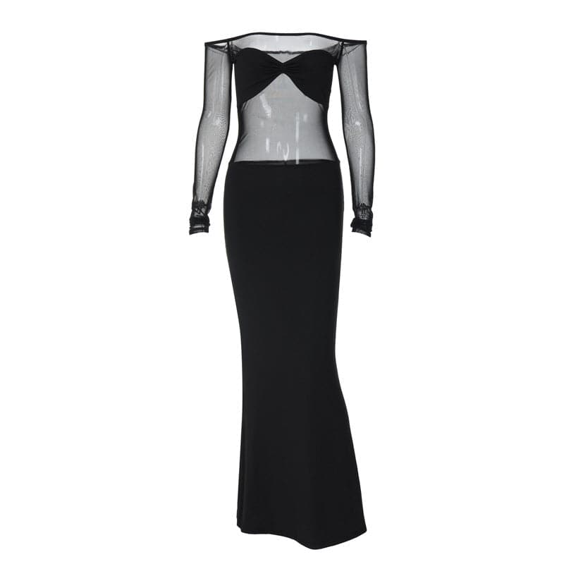 Ruched mesh patchwork off shoulder long sleeve slit maxi dress 8