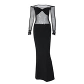 Ruched mesh patchwork off shoulder long sleeve slit maxi dress 8
