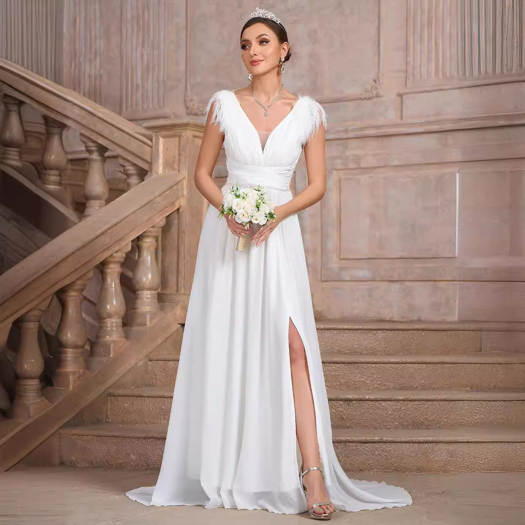 Solid Color V neck Backless Velvet Collar Chiffon Split Elegant Slim Fit Cocktail Evening Dresses