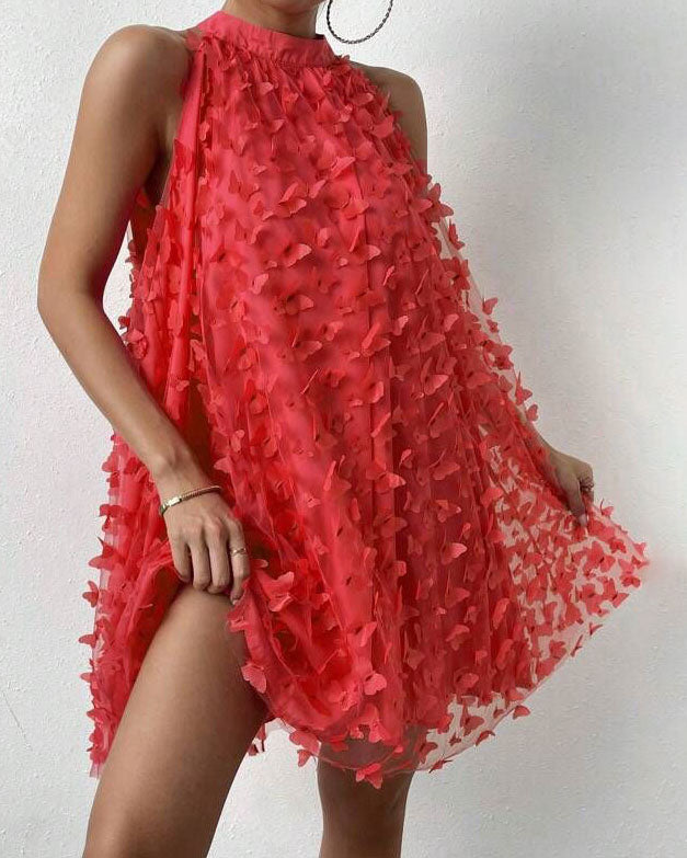 Floral Applique Mesh Halterneck Mini Dress
