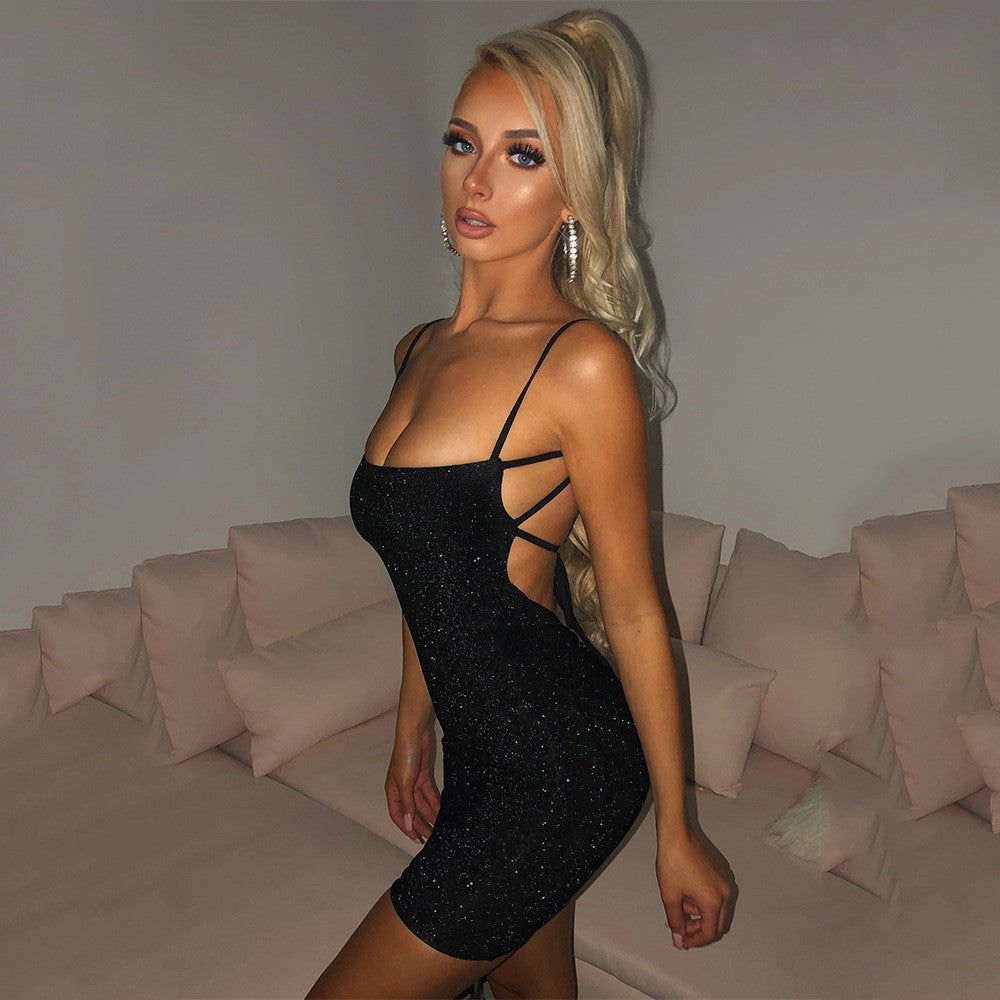 Glitter Spaghetti Strap Strappy Open Back Bodycon Mini Dress