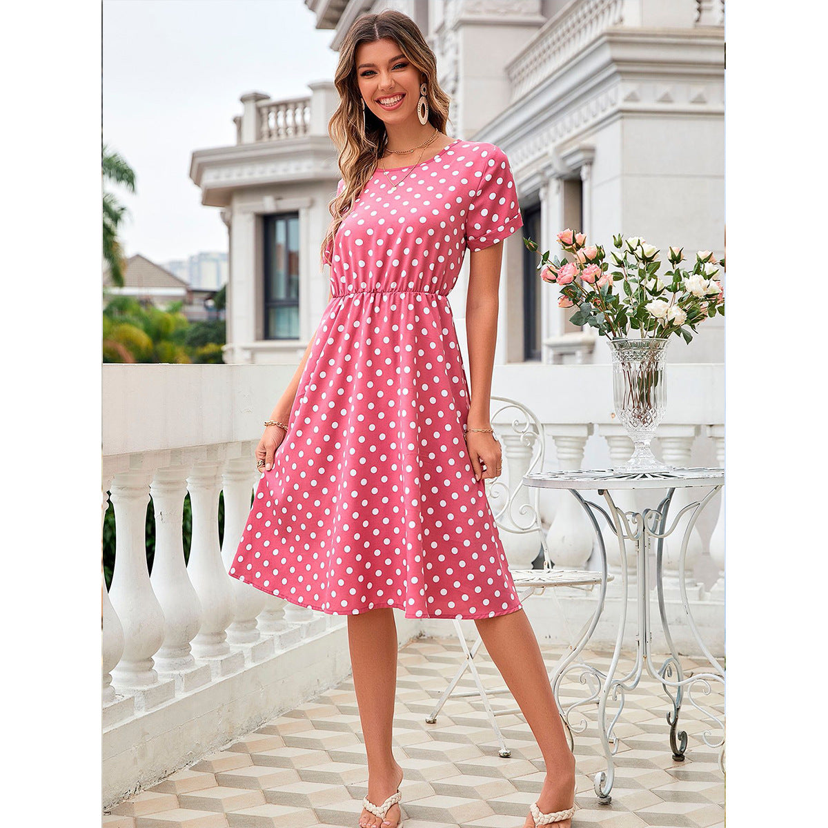 Polka Dot Crew Neck Short Sleeve Elastic Waist A-Line Midi Dress