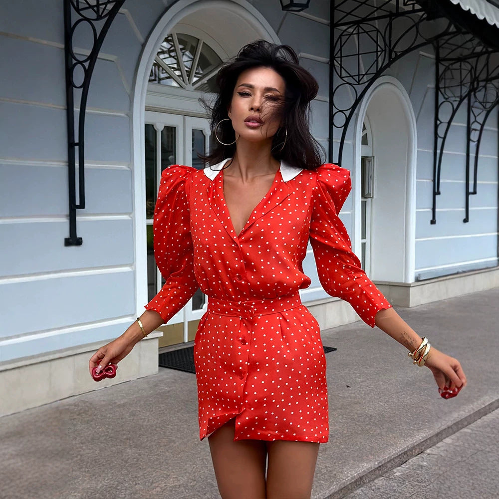 Autumn Retro French Elegant Collared Short Dress Polka Dot Mid Length Long Sleeve Dress for Women