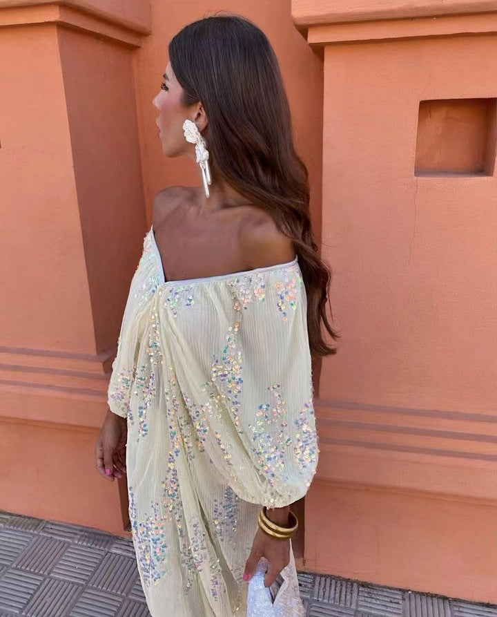 Sequin Off Shoulder Deep V-Neck Lantern Sleeve Mesh Maxi Dress
