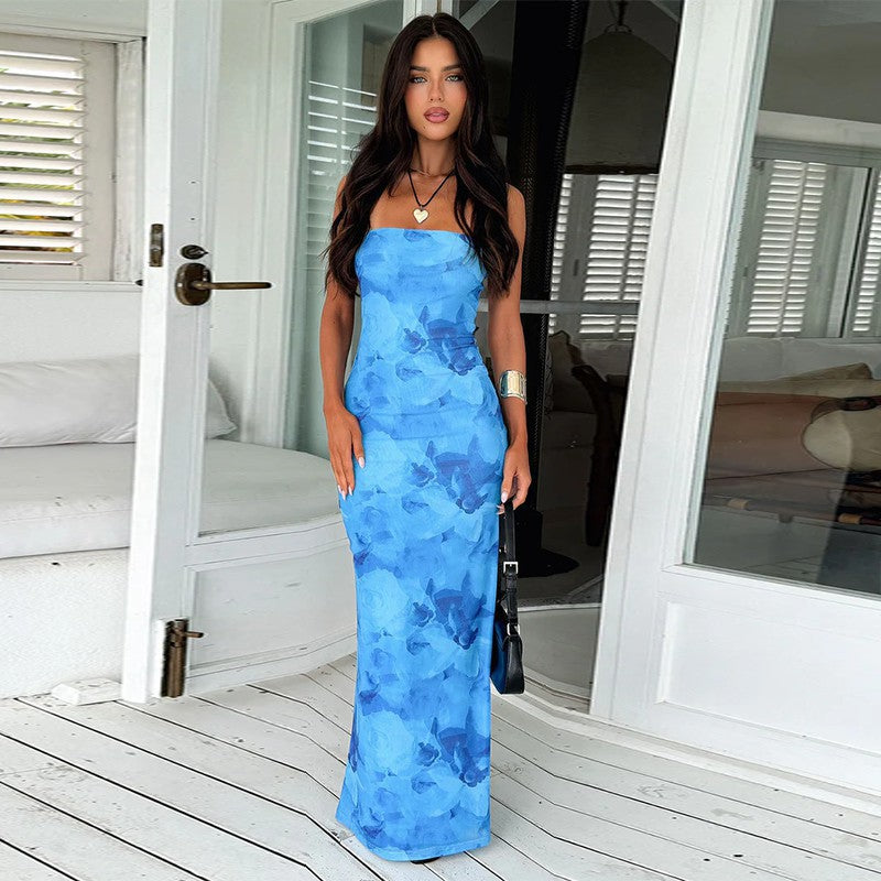 Tube Top Sexy Backless Print Women Sexy Long Dress