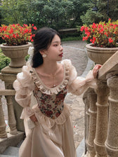Floral Corset Puff Sleeve Square Neck Maxi Dress