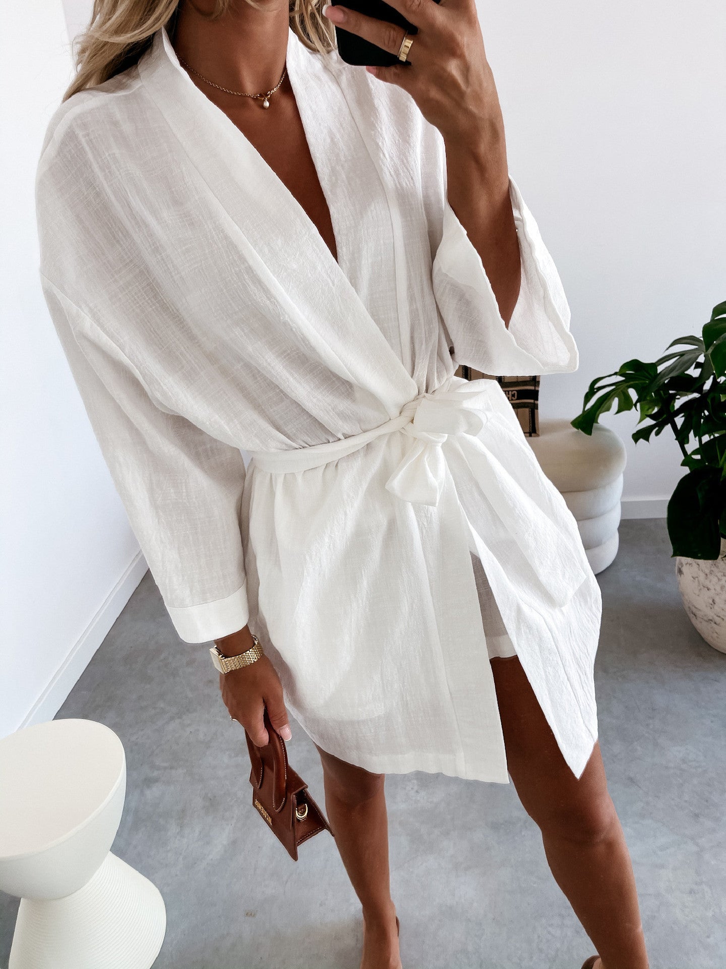 Penni Satin Balloon Sleeve Wrap Dress - Ivory