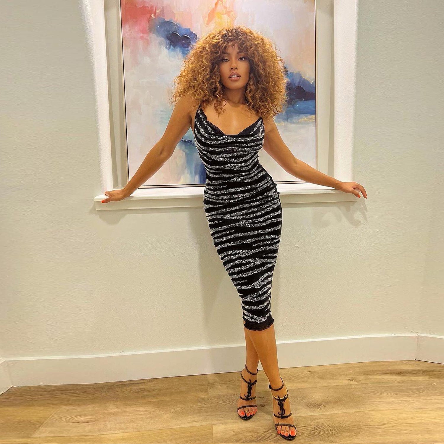 Sequin Velvet Cowl Neck Spaghetti Strap Striped Bodycon Midi Dress