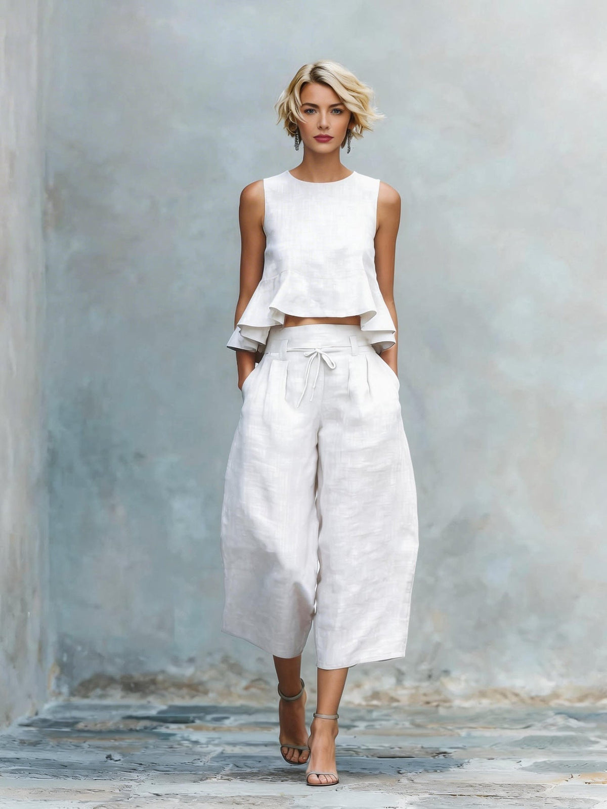 Sleeveless Ruffle Hem Top and Wide Leg Cropped Pants Two Piece Set