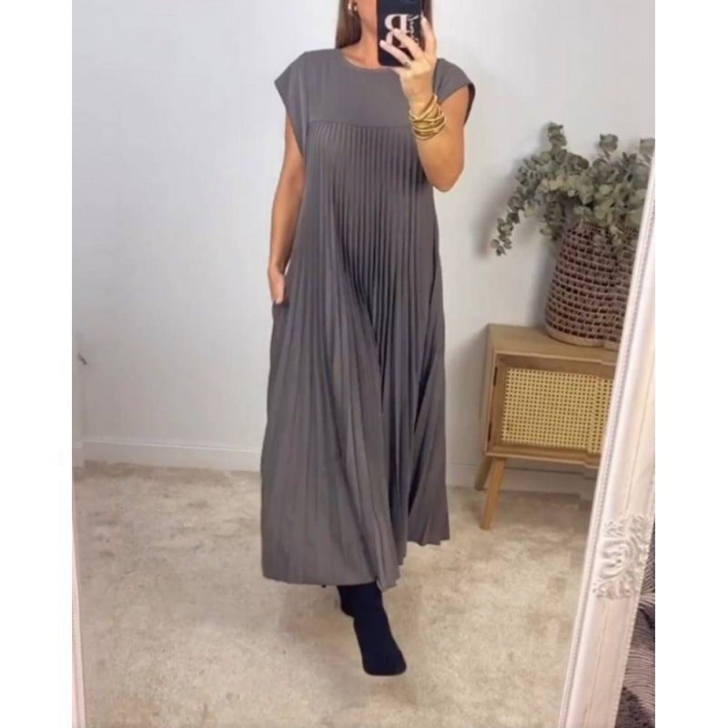 High Neck Cap Sleeve Pleated Loose Maxi Dress 7