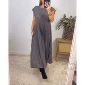 High Neck Cap Sleeve Pleated Loose Maxi Dress 7