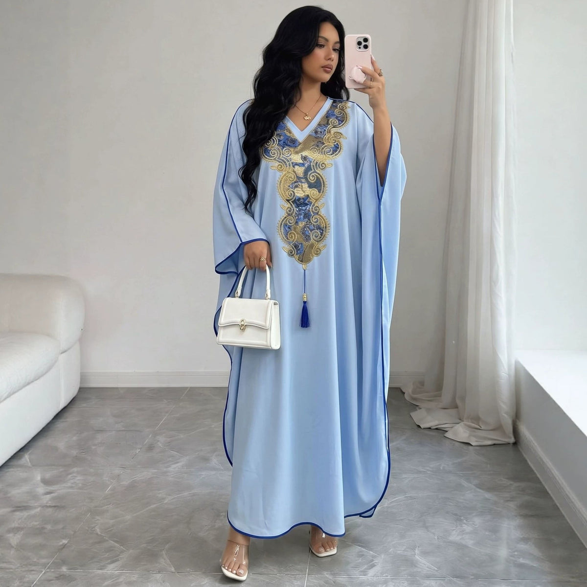 Women V neck Machine Embroidery Robe Dress Autumn Loose Slim Fit Slimming Cocktail Dress