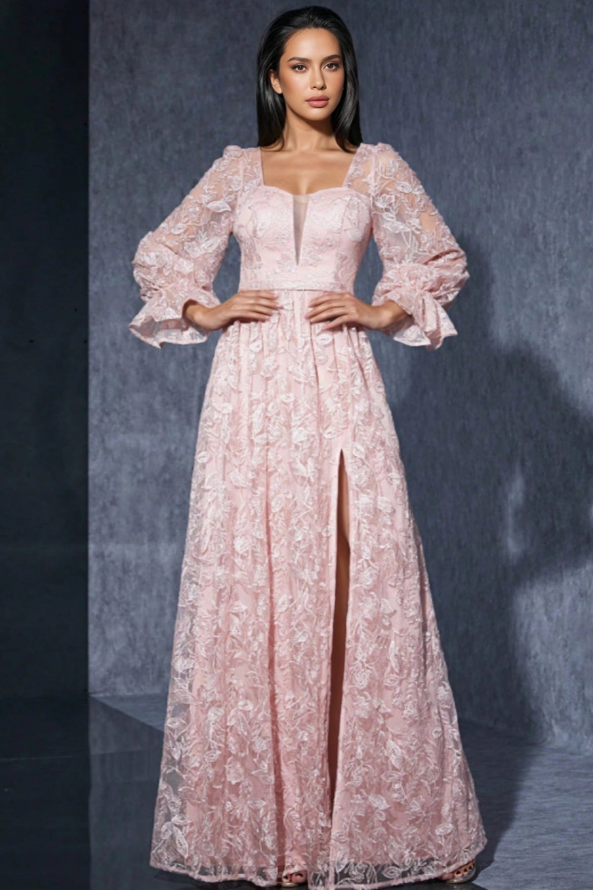 Square Neck Puff Sleeve Floral Embroidered Lace High Split Maxi Dress