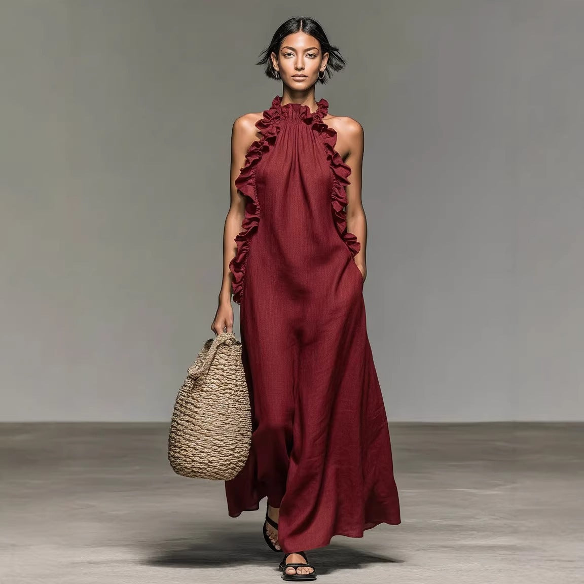 Halter Neck Ruffle Trim Sleeveless Maxi Dress 3