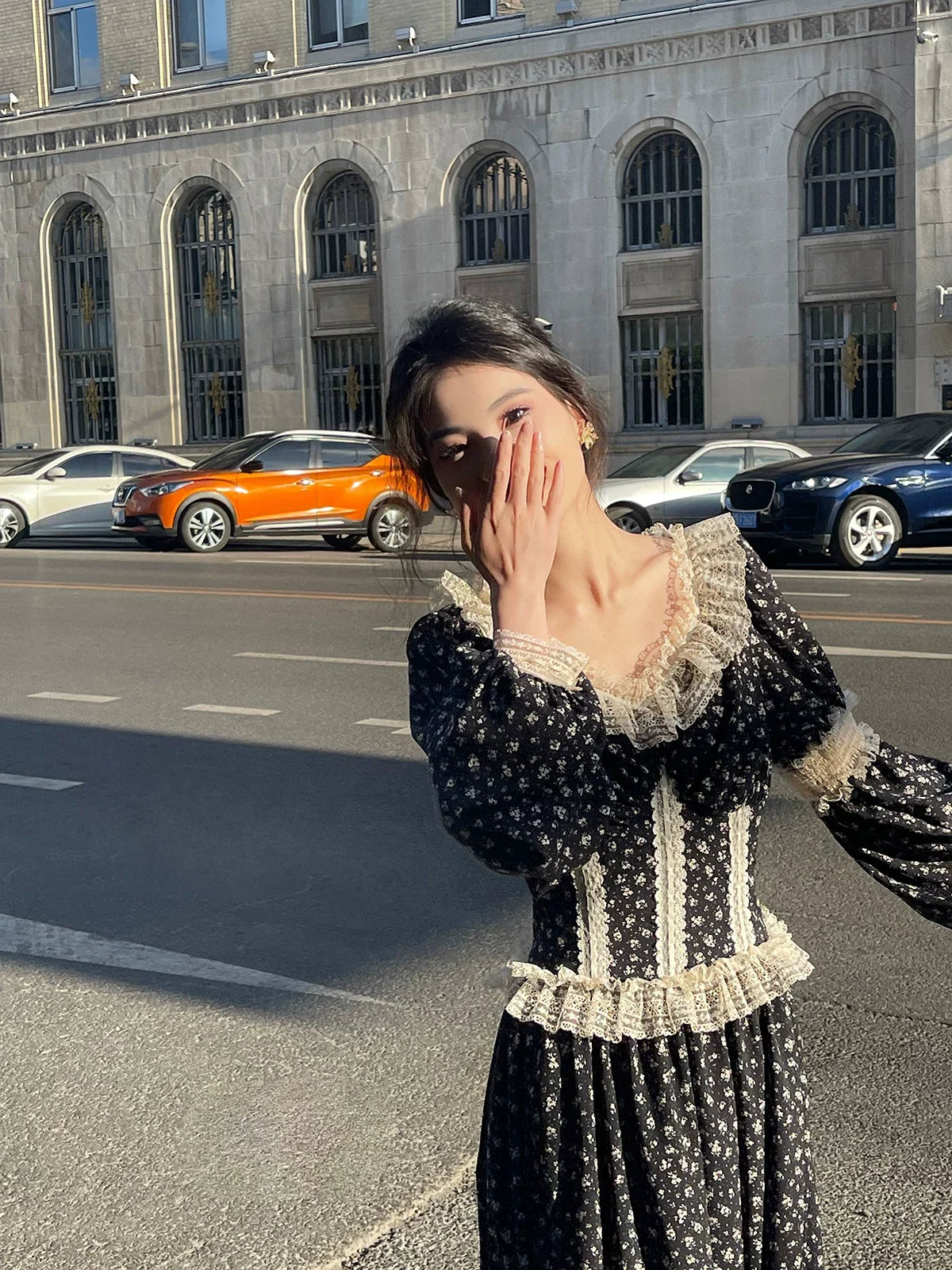 Floral Long Sleeve Lace Trim Square Neck Maxi Dress