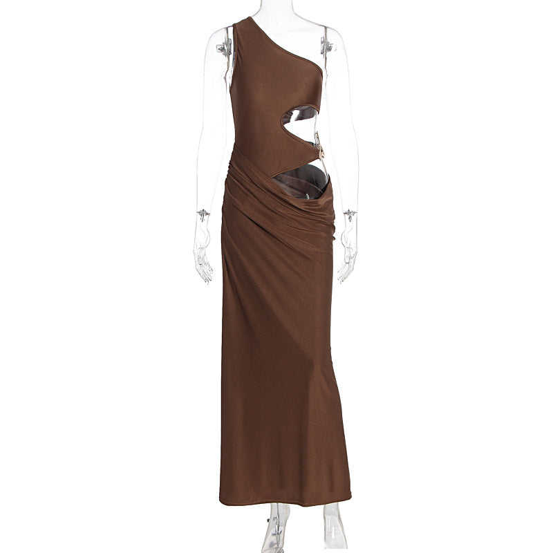 Satin One Shoulder Side Cut Out Buckle Ruched Maxi Dress 2