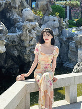 Floral Puff Sleeve Rosette Bodycon Midi Dress 3