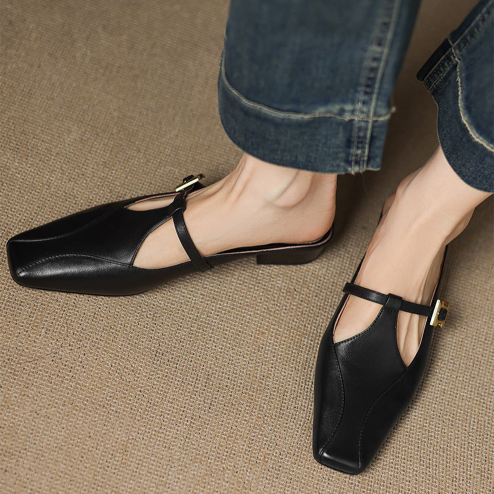 Square Toe Buckle Strap Low Block Heel Mules