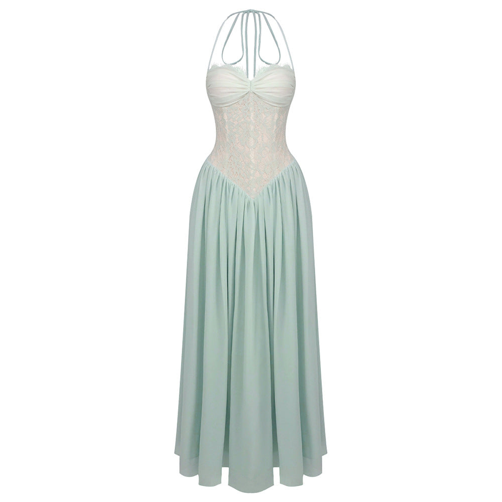Retro Halter Dress Lace Waist Chiffon Dress Bride Bridesmaid Dress