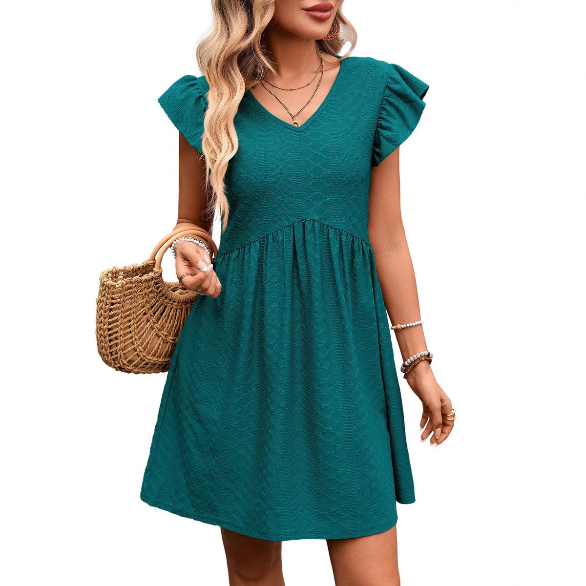 Textured V-Neck Flutter Sleeve Pocket Babydoll Mini Dress 5