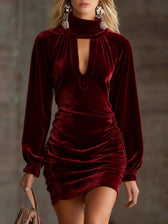 Velvet High Neck Cut Out Long Sleeve Bodycon Mini Dress 6
