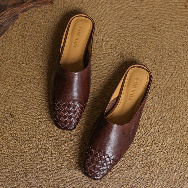 Square Toe Woven Detail Flat Leather Mules