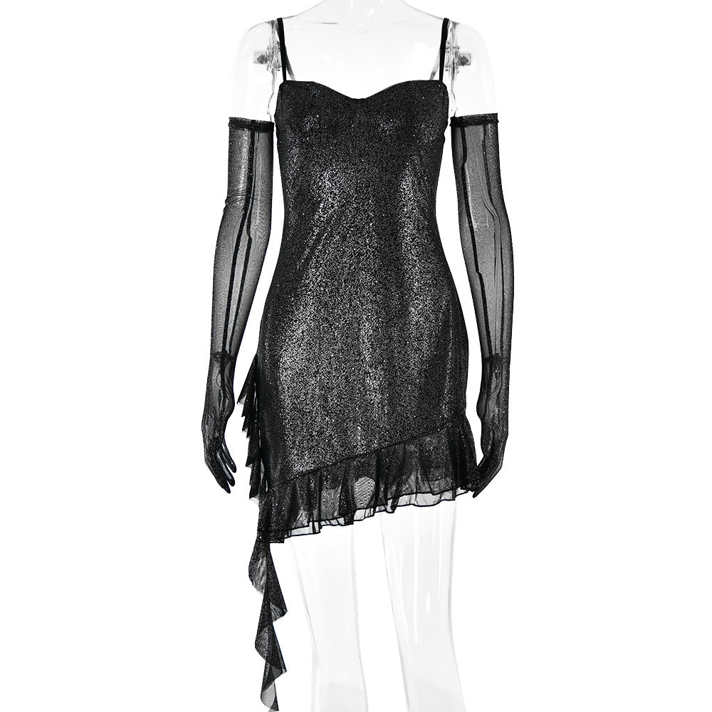 Women Clothing Mesh Silver Strap Tube Top Dress Sexy Sexy Backless Hip Dress 3