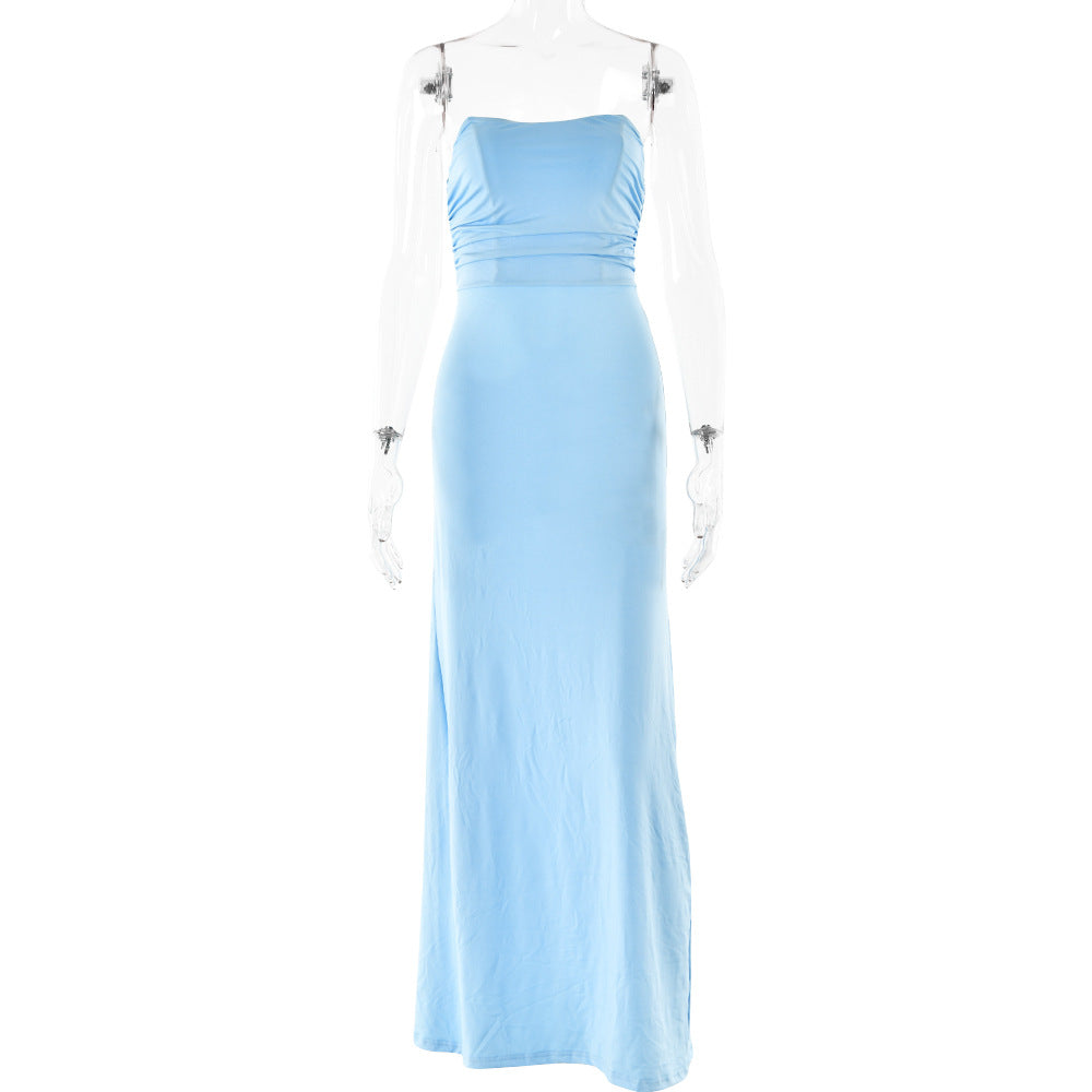 Strapless Ruched Bodice Lace Up Back Bodycon Maxi Dress 6