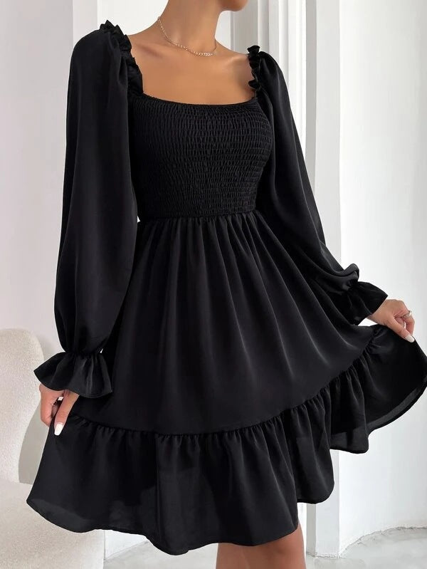 Square Neck Long Sleeve Smocked Tiered Mini Dress 6