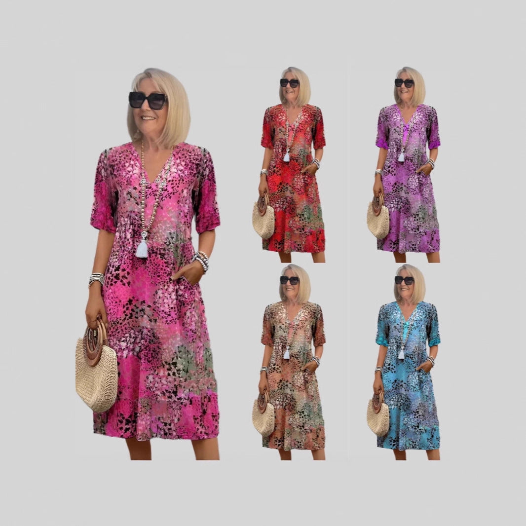 V-Neck Short Sleeve Tiered Midi Dress