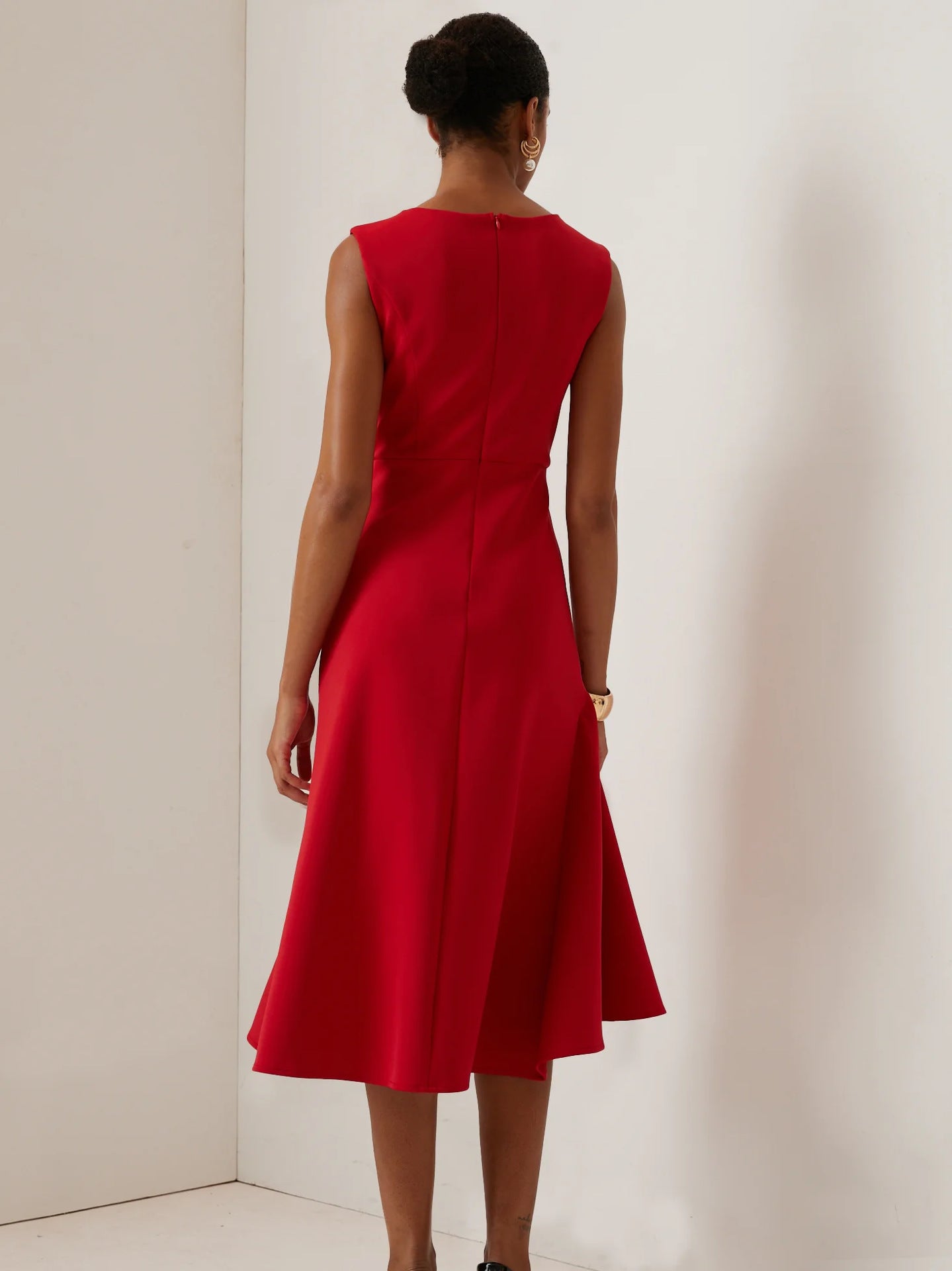 Crew Neck Sleeveless Twist Knot Ruffle Fit and Flare Midi Dress