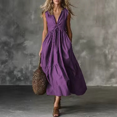 Deep V-Neck Sleeveless Twist Front Tiered Maxi Dress
