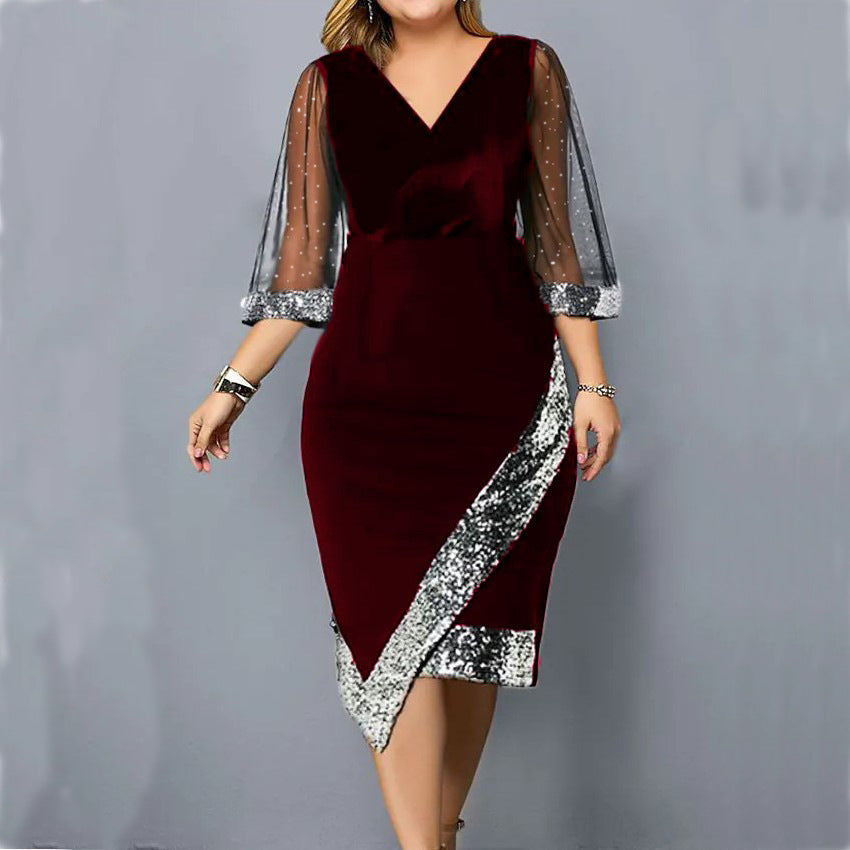 Velvet Sequin V-Neck Mesh Sleeve Bodycon Midi Dress 3