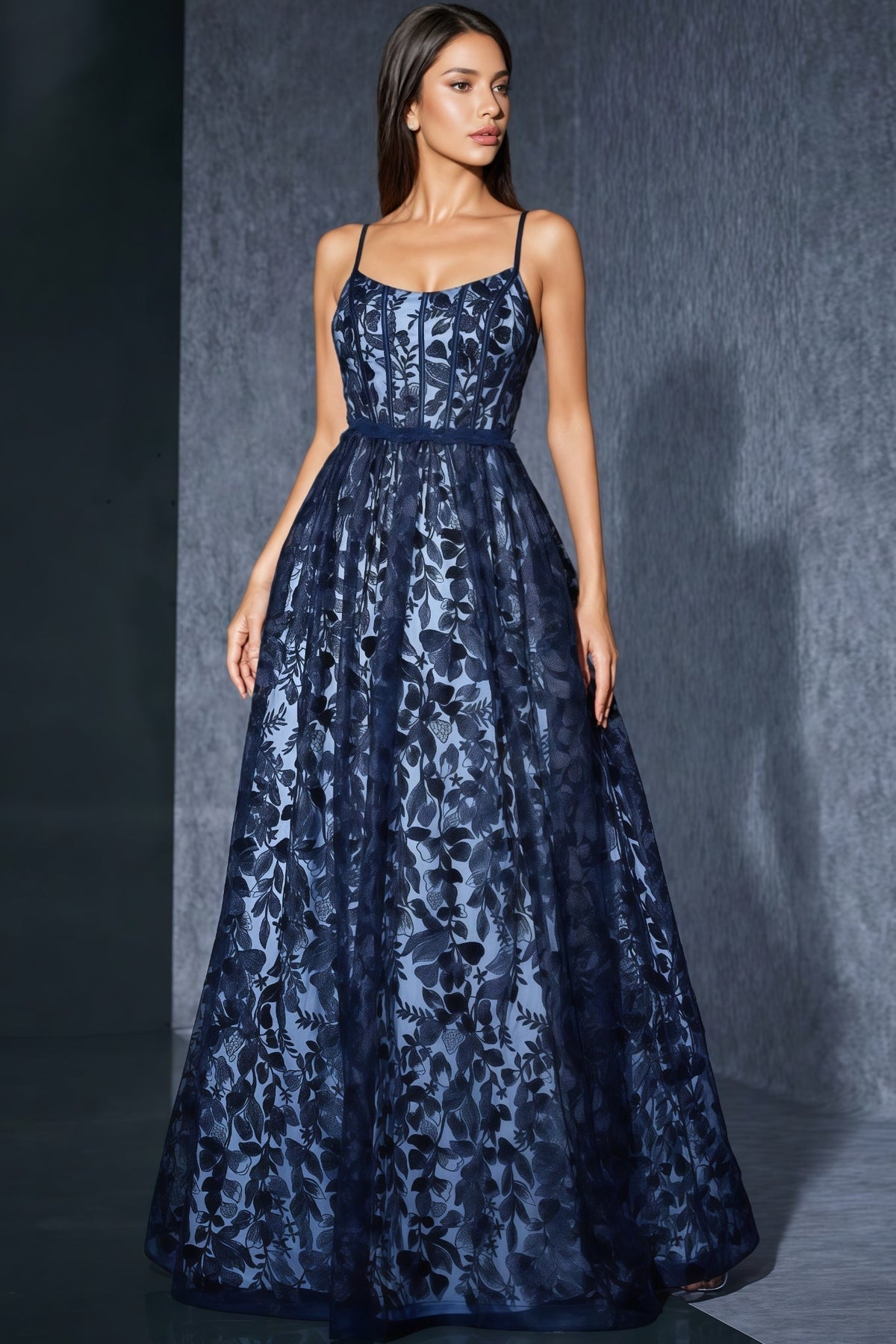 Leaf Embroidered Mesh Spaghetti Strap Corset A-Line Maxi Gown