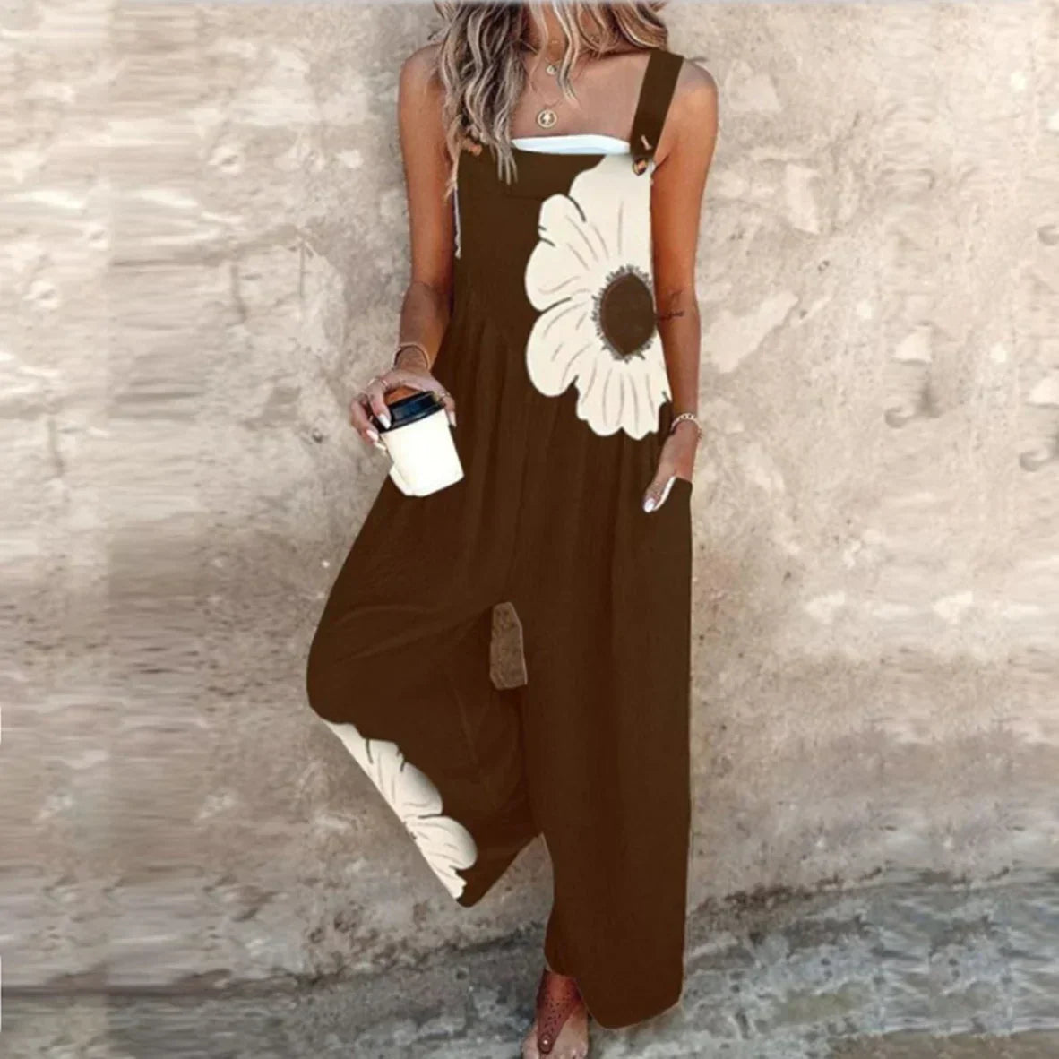 Floral Print Buckle Strap Wide Leg Overall Jumpsuit