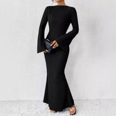 Rib Knit Flare Sleeve Bodycon Mermaid Maxi Dress 3
