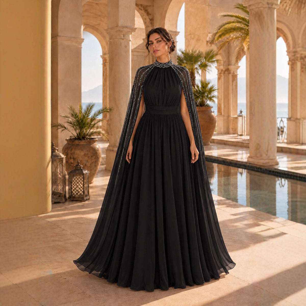 Turtleneck Shawl Rhinestone Big Swing Chiffon Evening Dress Women Cocktail Maxi Dress