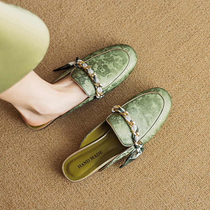Floral Jacquard Chain Detail Pointed Toe Flat Mules