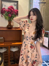 Floral V-Neck Puff Sleeve Fit and Flare Midi Dress 5