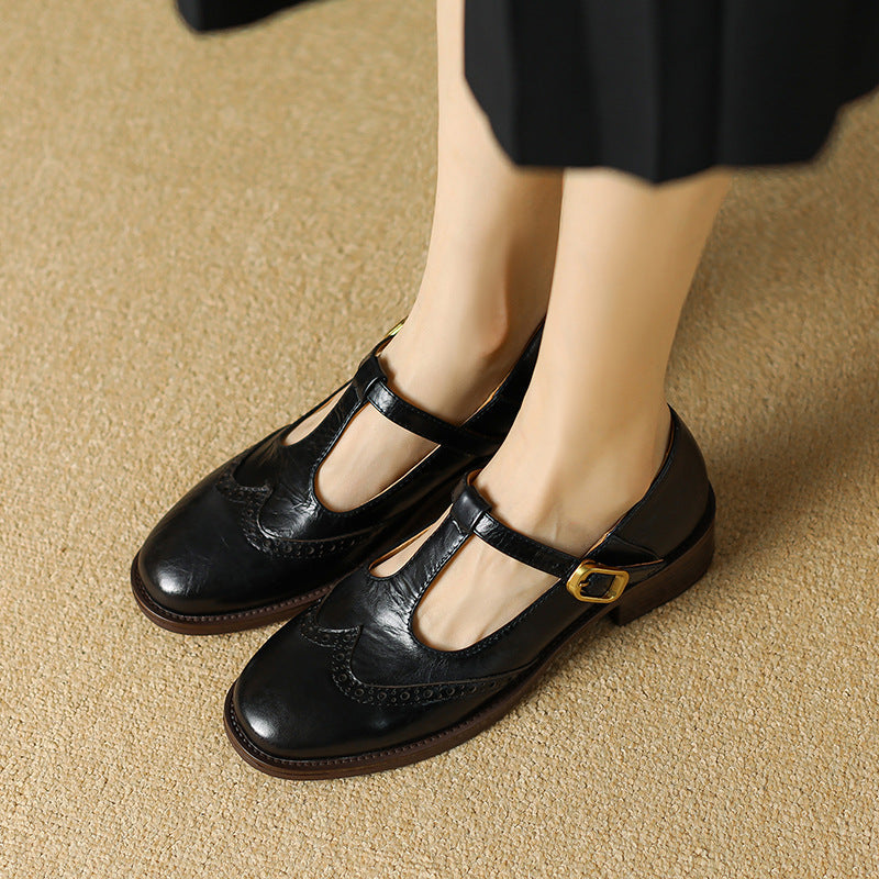 Round Toe T-Strap Buckle Block Heel Mary Jane Pumps